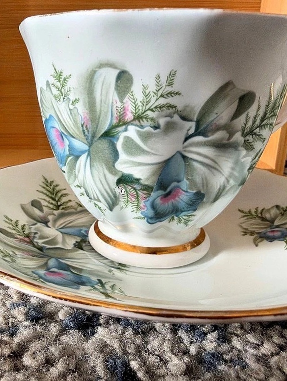 Vintage Colclough D8 Floral Teacup & Saucer White & Blue